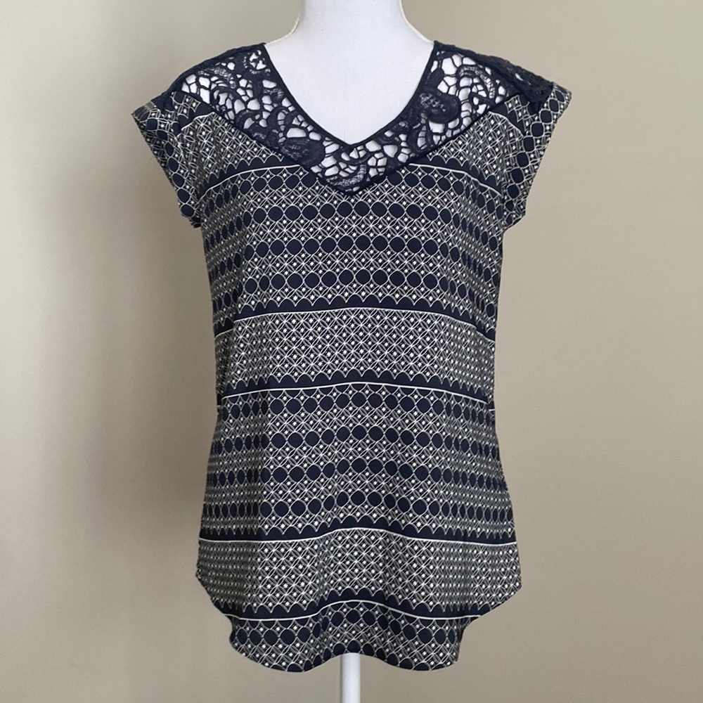 Navy Blue and White Blouse with Laced V-Neck & Geometrical Design